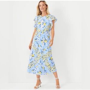 Ann‎ Taylor Blue Lemon Floral Swiss Dot Cotton Pom Pom Dress 12 Natural Fiber